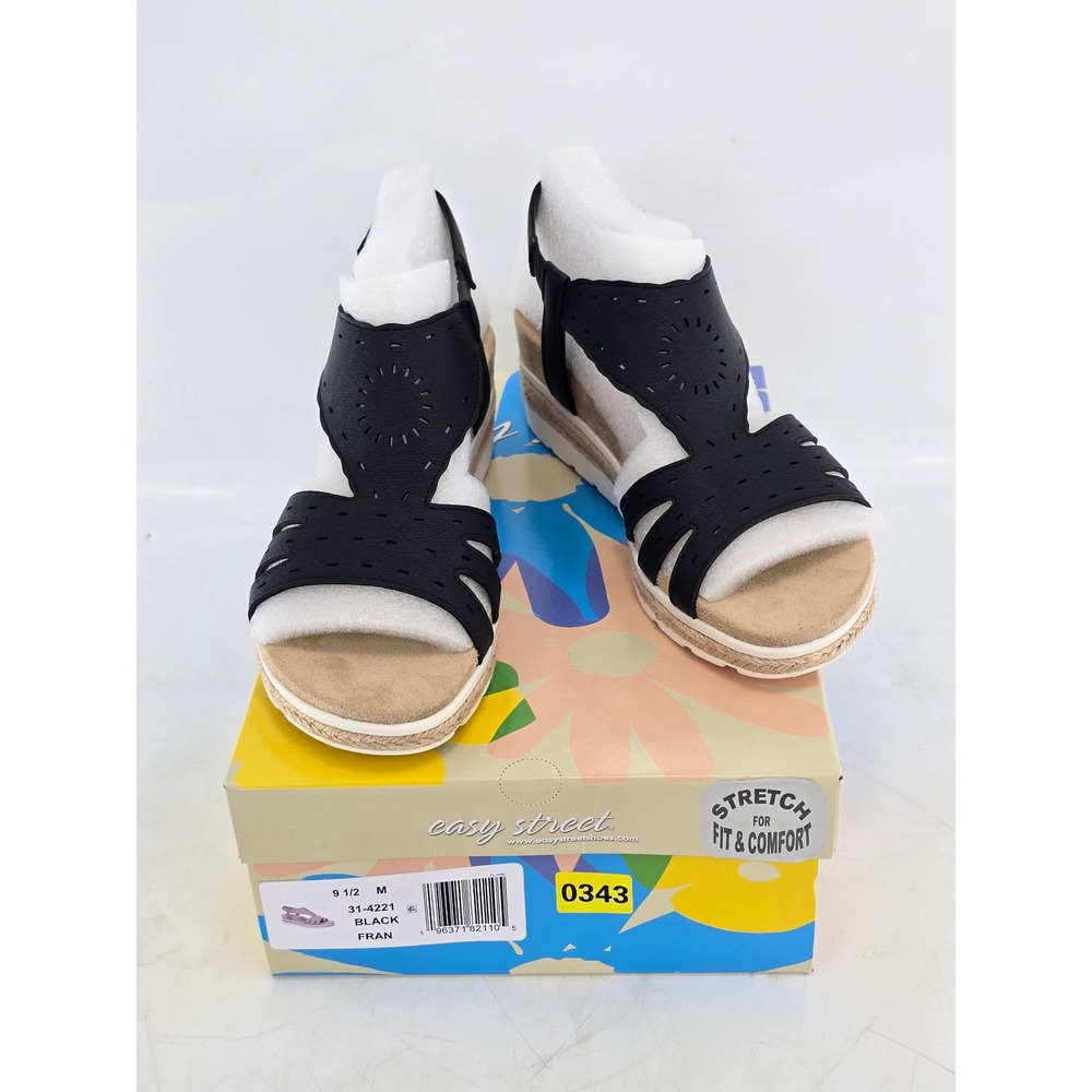 Easy Street Fran Sandals Womens 9.5 Black Wedge Comfort - New